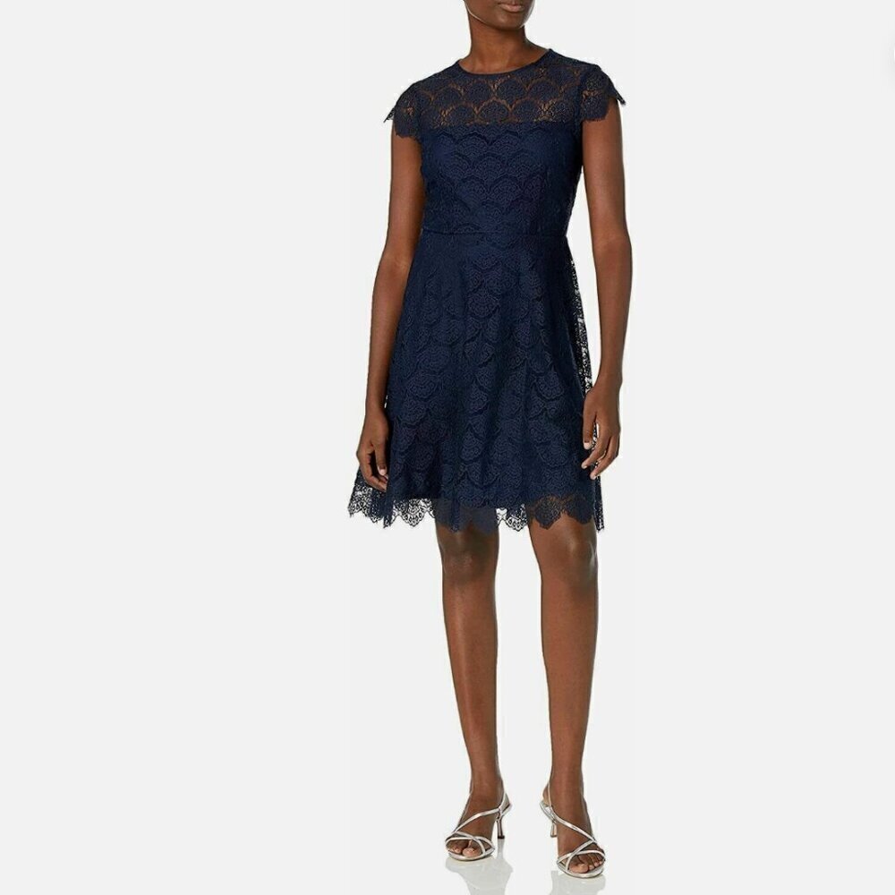 Kensie Women's Size 8 Fit & Flare Dress Navy Blue Scalloped Lace Open Back Cap